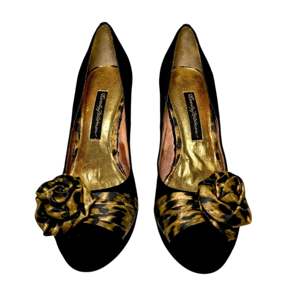 BEVERLY FELDMAN Black Suede Peep Toe Pumps Women's Size 7.5 Leopard Rose